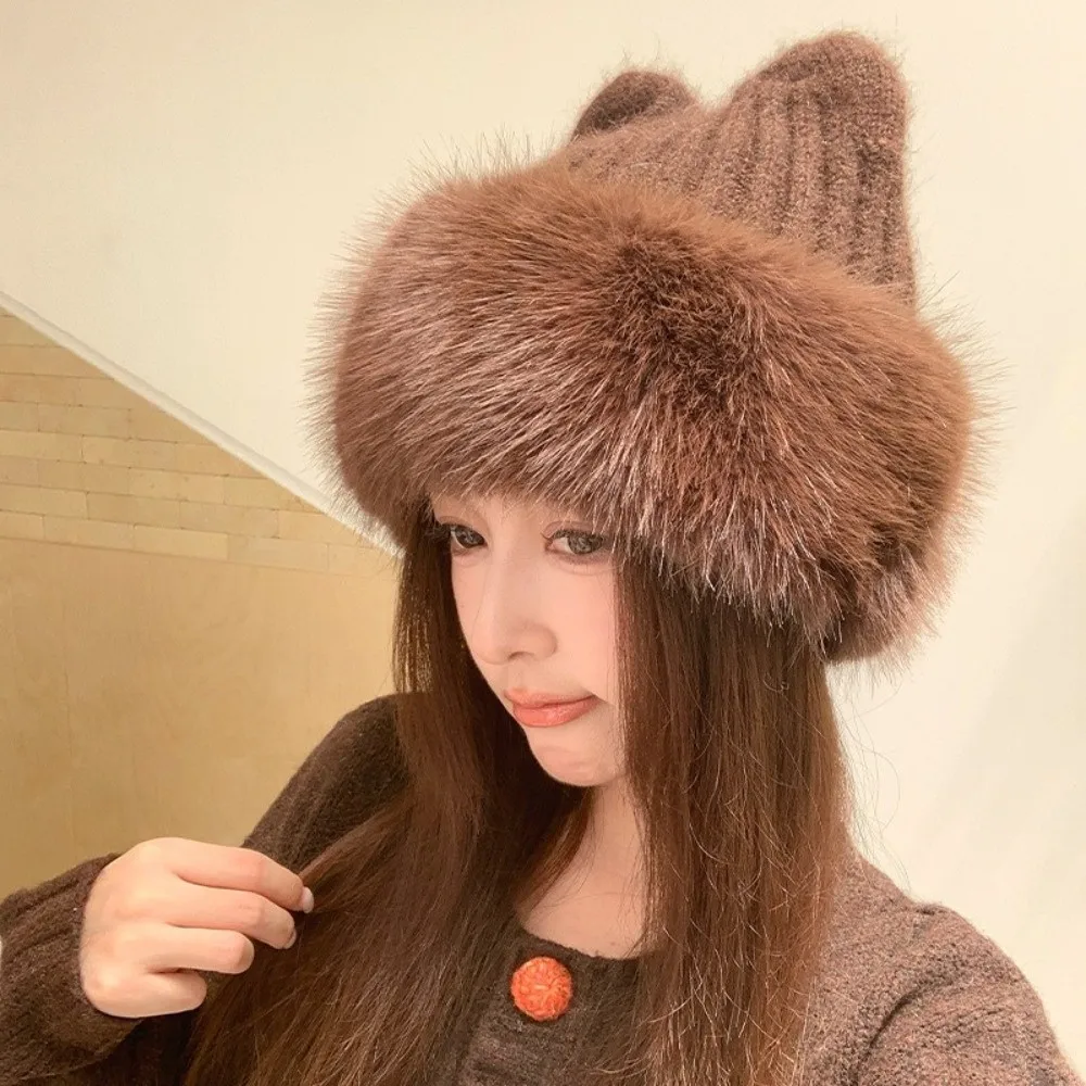 Polyester Cat Ear Earflap Beanie 56-58cm Head Circumference Fleece Lined Knitted Beanie Hat Thick Warm Beanie Outdoor Activity