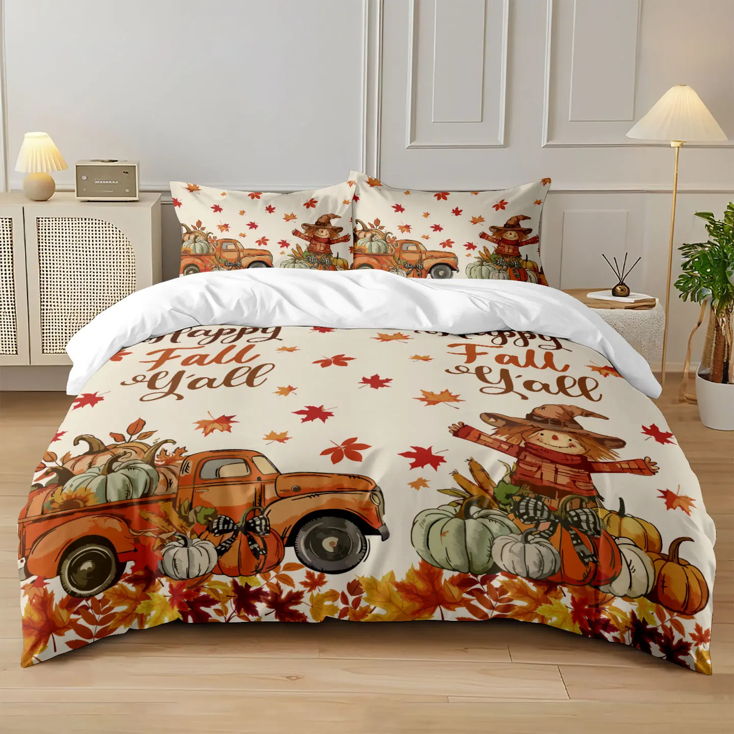3pcs Autumn Harvest Festival Pumpkin Coreless Quilt Set Multi Size Bedroom Dormitory Holiday Bedding Decoration Machine Washable