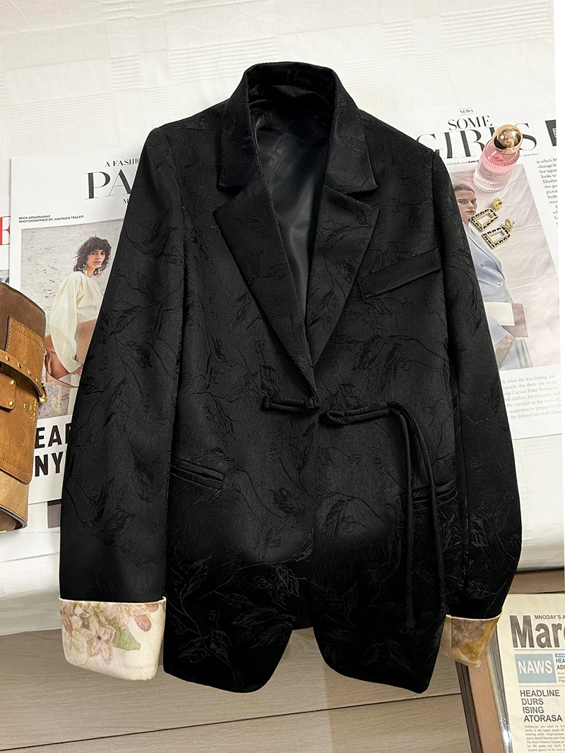 Kiesza lyte Fashion 2024 Party Spring Autumn Black printing Satin Blazer for Women New Chinese design High quality Jackets Coats
