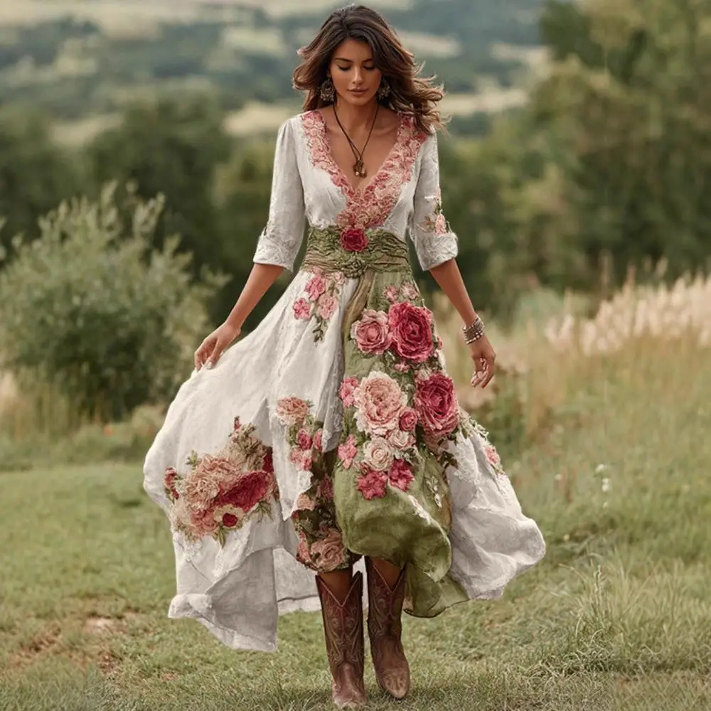 

n Sle Printed Dr irt Skirt Maxi Summer Vaion Wind Large Swing Skirt Loose Waist a Word Long Sve Dr