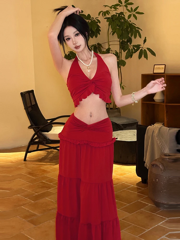 غريب سنور المرجان الأحمر خارج الكتف سترة منخفضة الخصر تنورة مجموعة المرأة Faion الربيع جمع البوليستر مزيج قطعتين دعوى