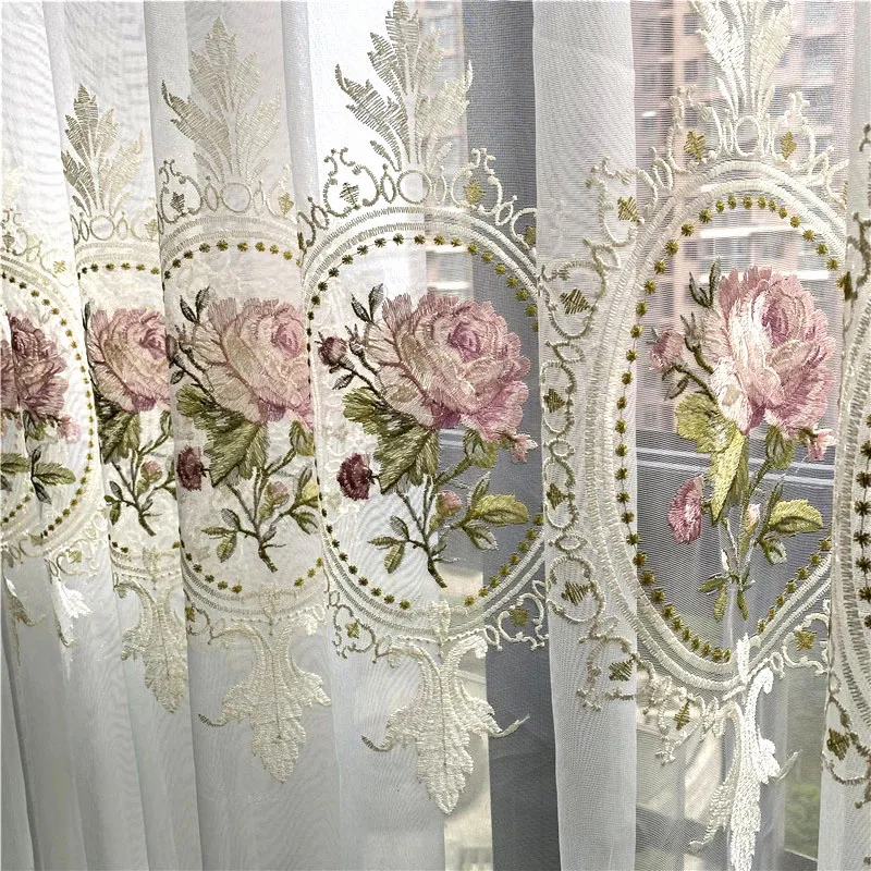 2pcs American Peony Tulle Curtain European Elegant Flower Embroidery Sheer Voile Drapes For Bedroom Living Room Home Decor
