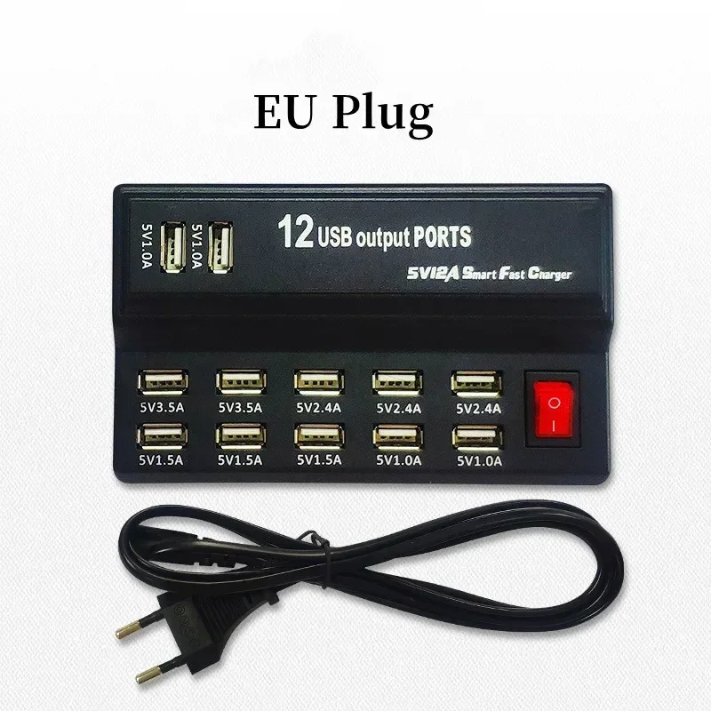 12 Port 5V 3.5A 12A USB Power Fast Charge Station For IPhone 13/12 Plus IPad LG Samsung Huawei EU US Adapter Socket Charger