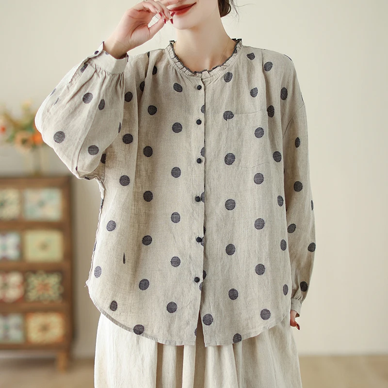 Kemeja Linen katun polkadot Vintage musim panas musim semi blus Retro longgar kasual lengan panjang wanita atasan