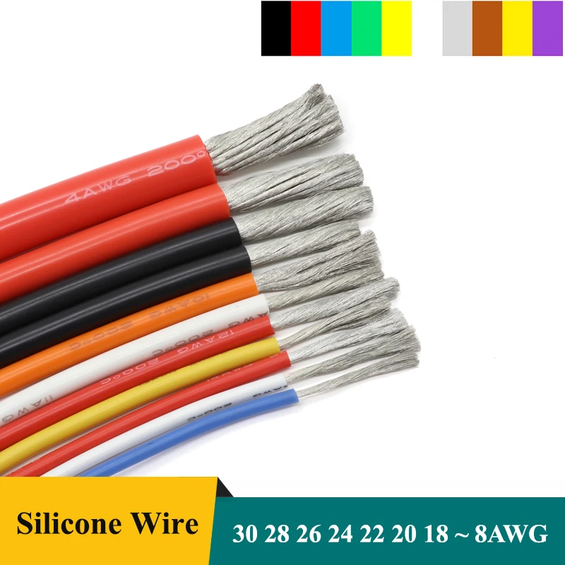 

1M/5M Heat-resistant Silicone Wire 30 28 26 24 22 20 18 16 15 14 12 10 8AWG Soft High Temperature Flexible Copper Cable