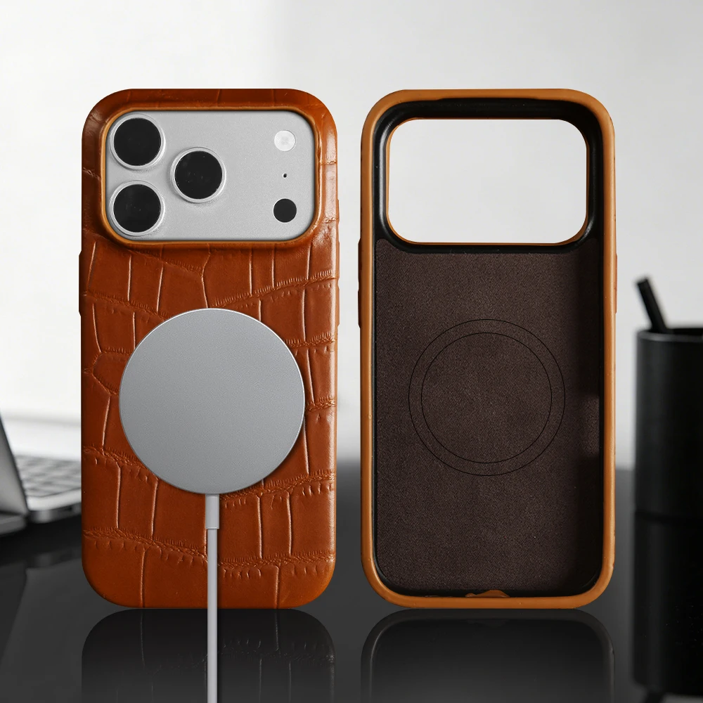 For Magsafe Phone Case For iPhone 17 Air 17e 16e 16 15 Pro Max 14 Plus 13 12 Mini 11 Magnetic Case Genuine Leather Back Cover