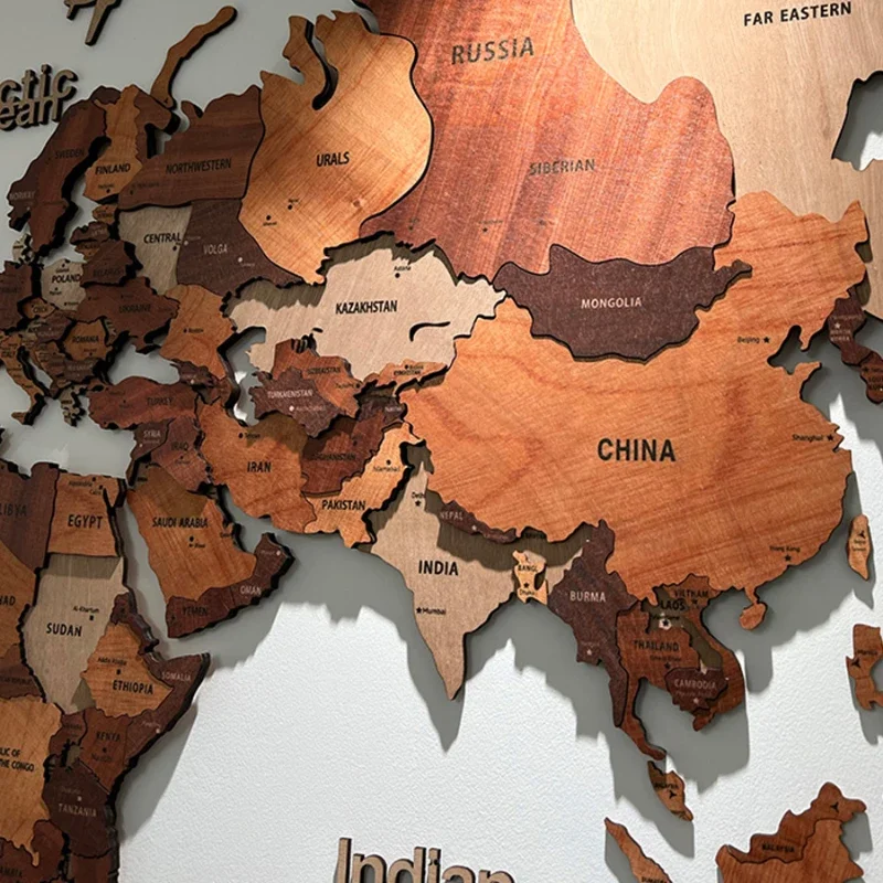 Solid wood world map travel Nordic living room background wall decoration large decorative paintings office school 3D stereo.