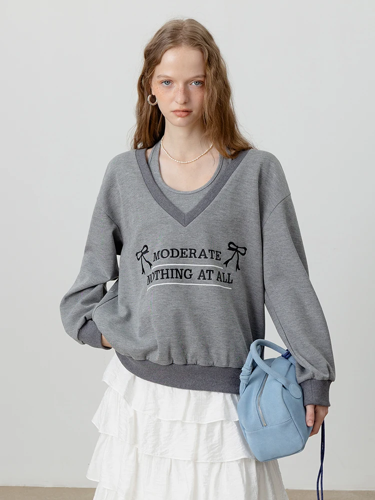 

EGGKA Grey Loose V-neck Sweater Women's Casual Versatile Hanging Neck Vest New Two-piece Set Letter Knot Hoodie