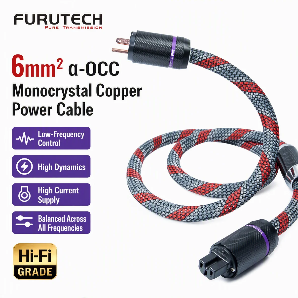 FURUTECH FP-3TS762  Purple Copper HiFi Power Cable, EU Schuko / US AC Plug, High Current Power Cord for Amplifier CD Player DAC