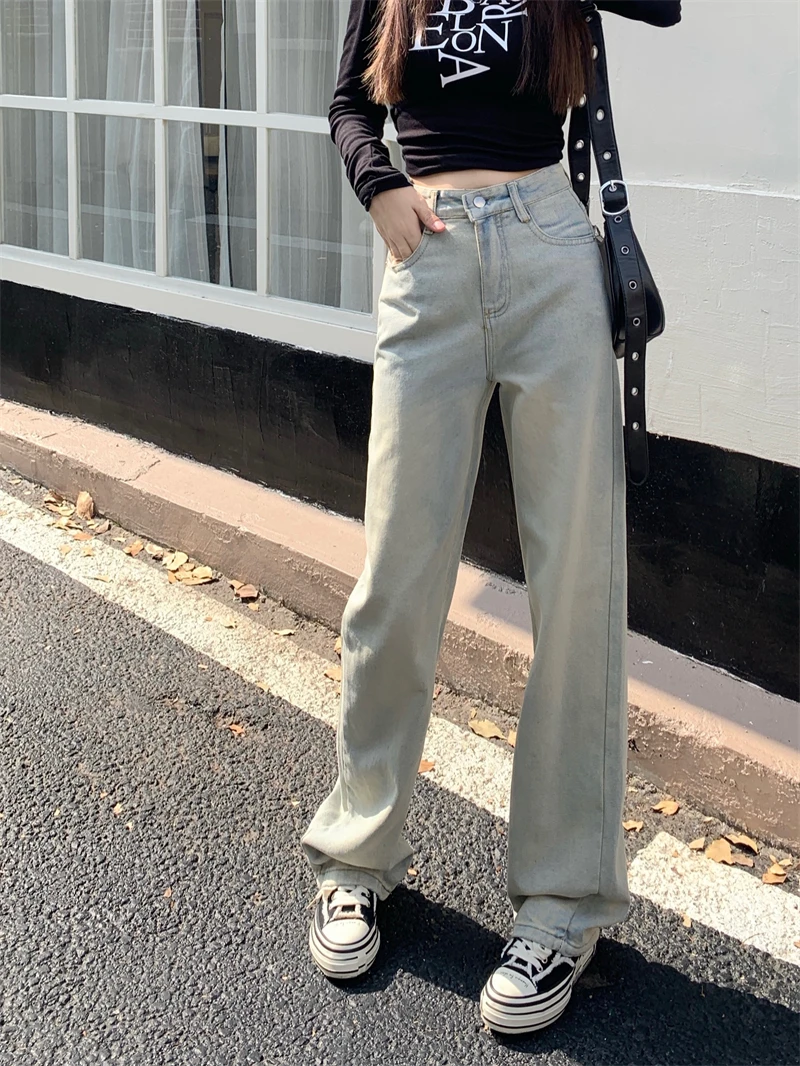 Light Colored High Waisted Jeans Casual Pants Floor Mop Pants Women's Winter American Wide Leg Pants Straight Leg Pants