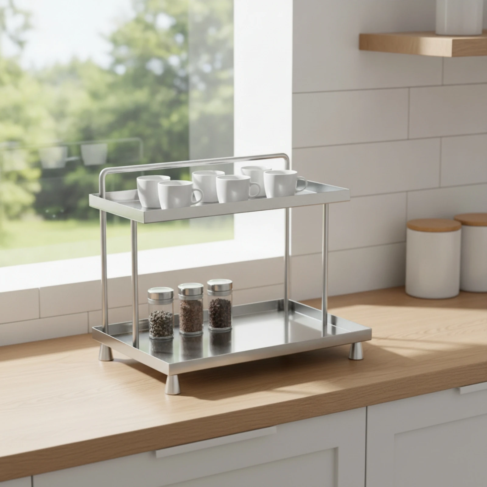Two-Tier Storage Rack Sturdy Stainless Steel Rack Two-Tier Shelf Versatile Countertop Organizer Freestanding for Homeowners