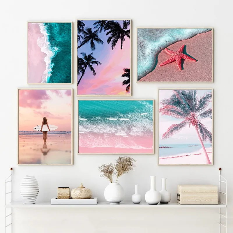 Pink Beach Ocean Landscape Canvas Painting Poster Prints Surf Coconut Tree Nordic Wall Art Picture for Living Room Home Decor