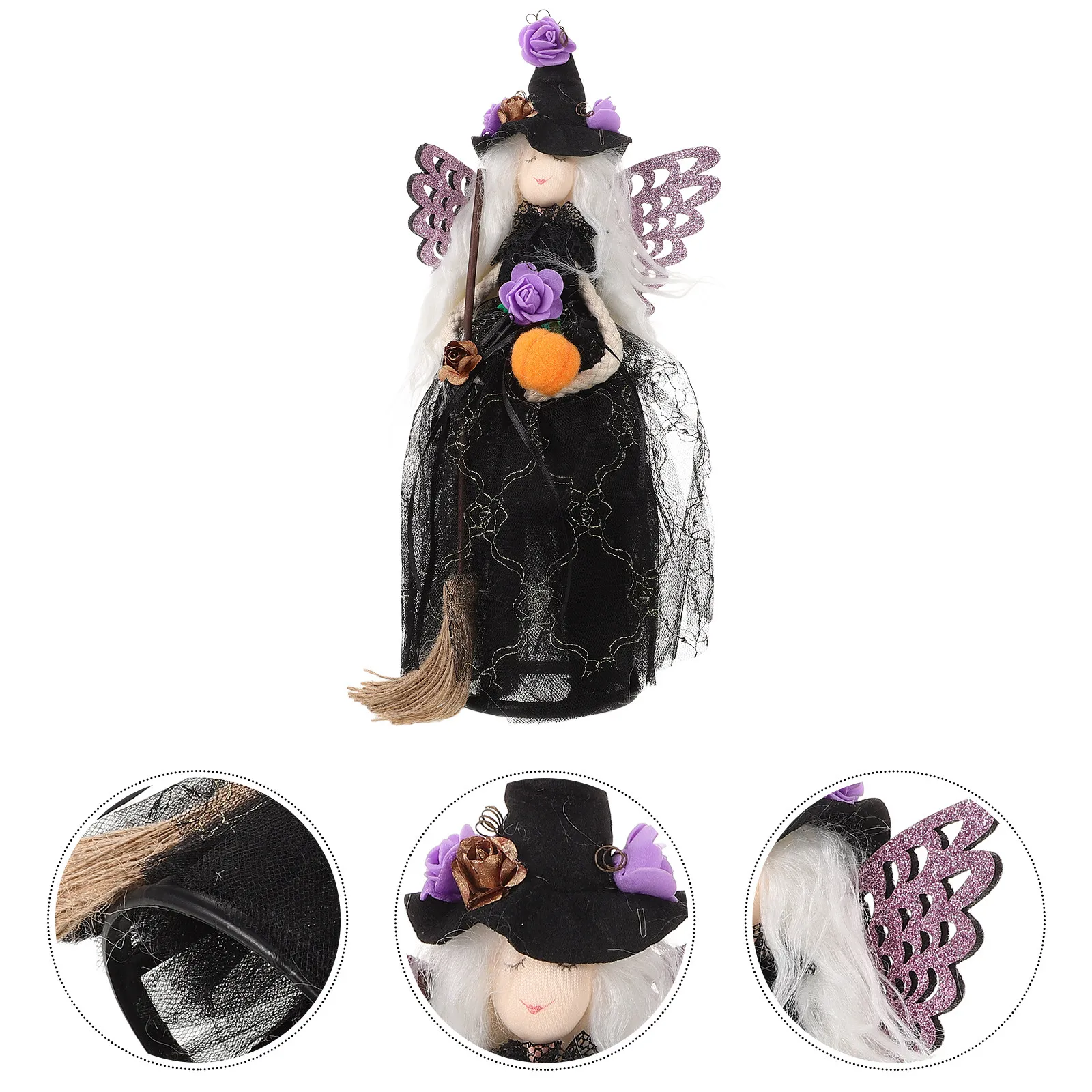 

Halloween Witch Tree Topper Black Veil Spider Web Skirt Witch Hat Broom Halloween Home Party Decoration Bulk Pom Poms