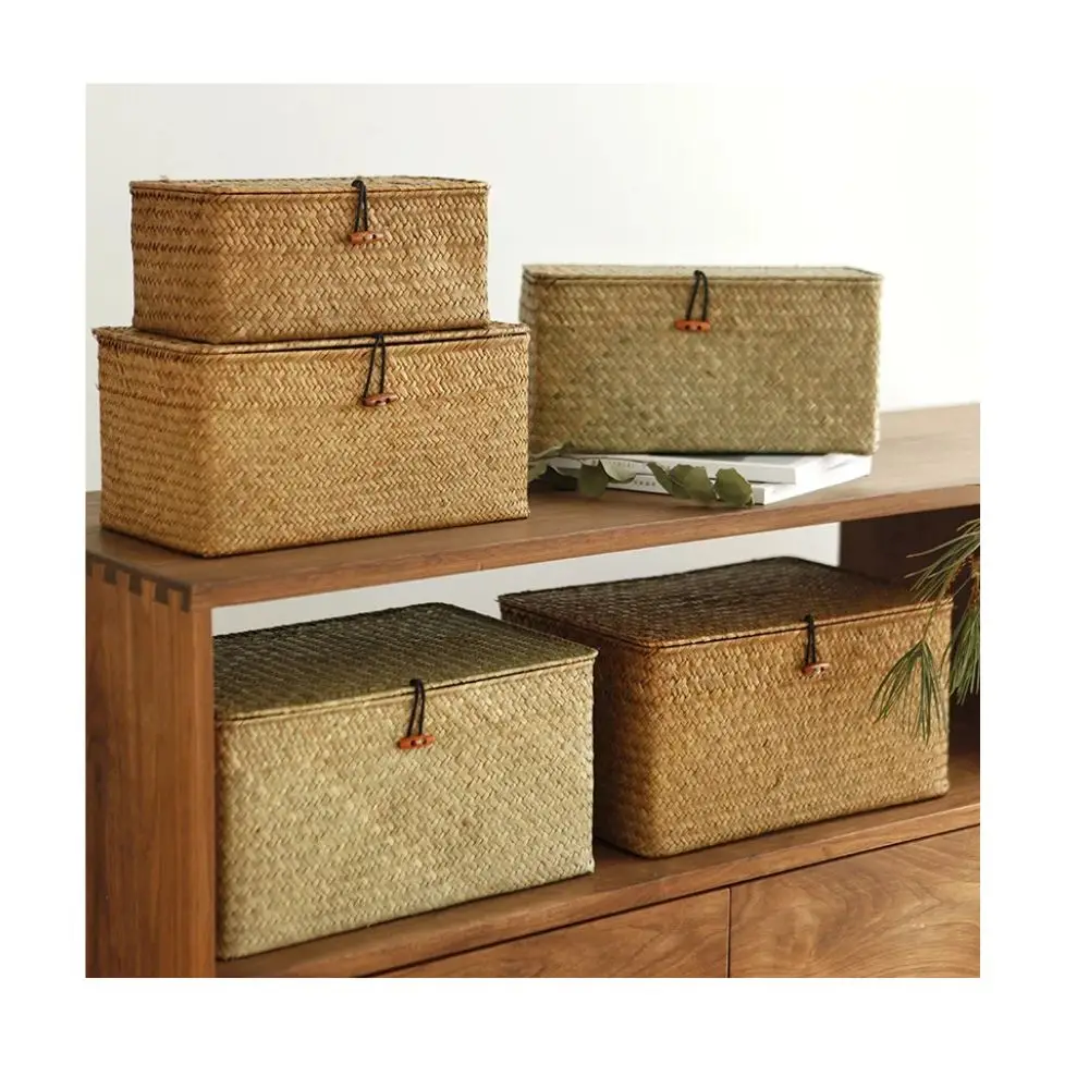 Flat Woven Wicker Storage Bins with Lid Natural Seagrass Basket Boxes Multipurpose Home Toys Organizer Boxes for Shelf Organizer