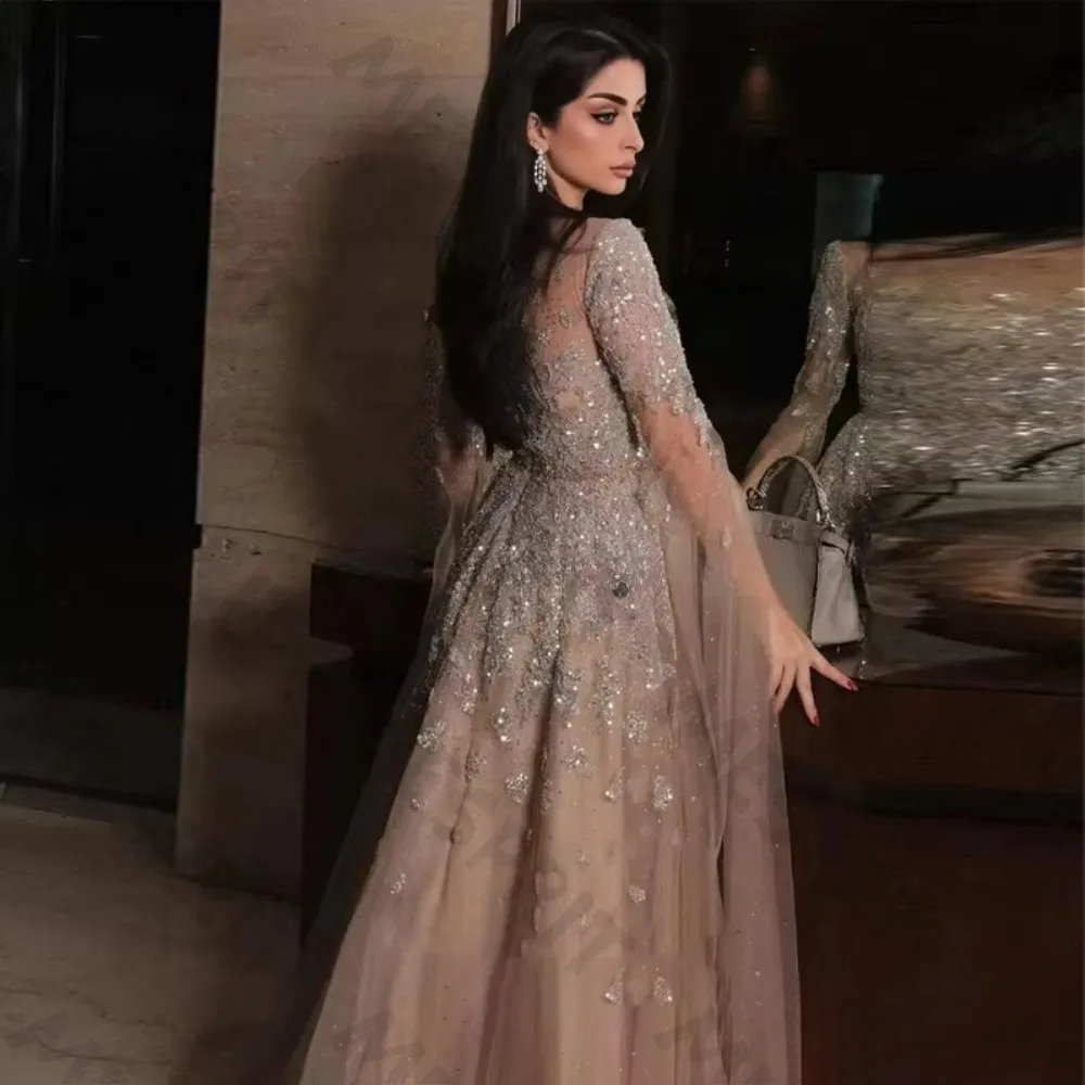 Customized Beaded Chiffon Long Sleeved Evening Gown 2026 High Neck Sparkling A-line Ball Dress Suitable for Graduation Parties