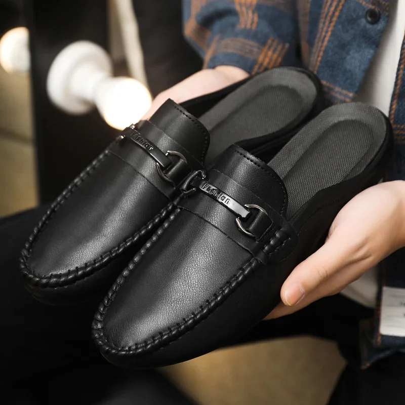 Summer Half Shoes For Men Comfortable Leather Casual Shoes Soft Flat Men's Loafers Lightweight Slip-on Shoes Man Daily Slippers