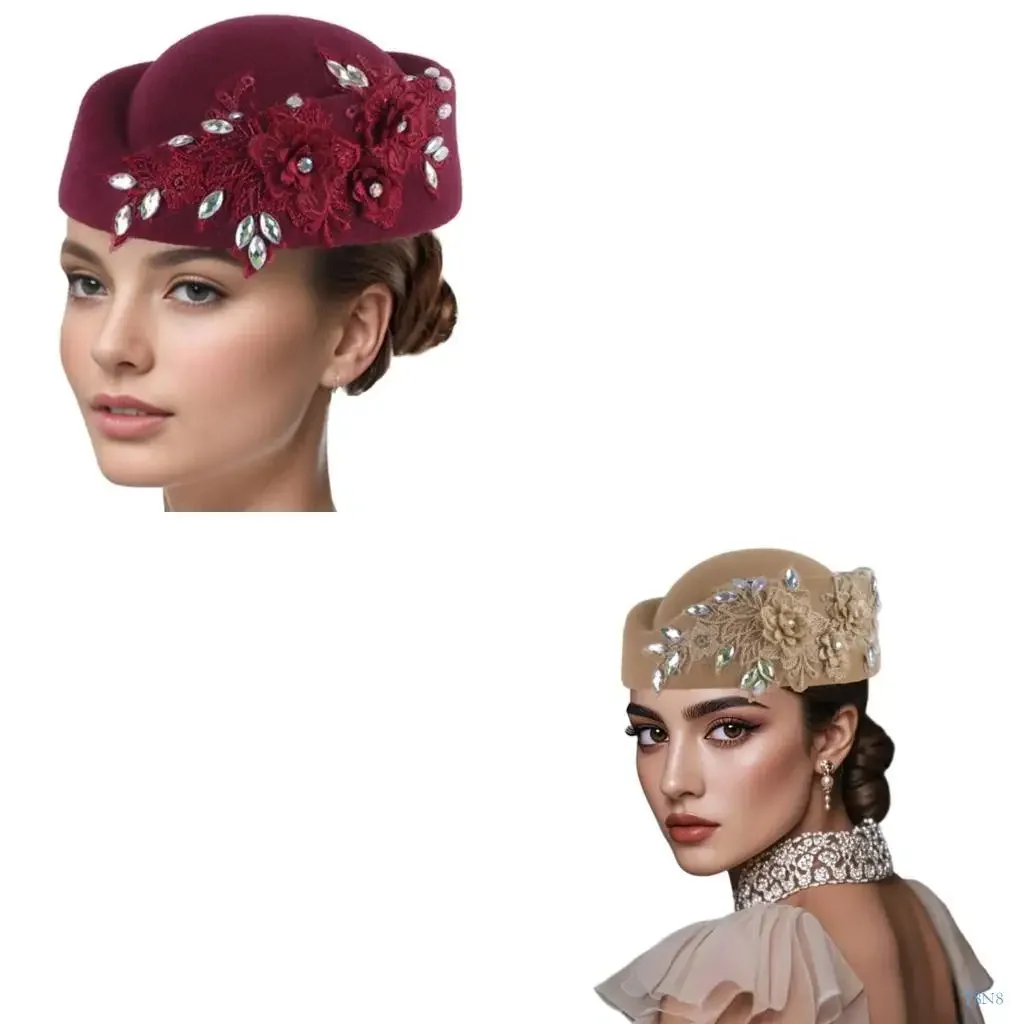 

T8NB Rhinestones Flower Fascinator Hat Cocktail Party Costume Props Roleplay Headwear