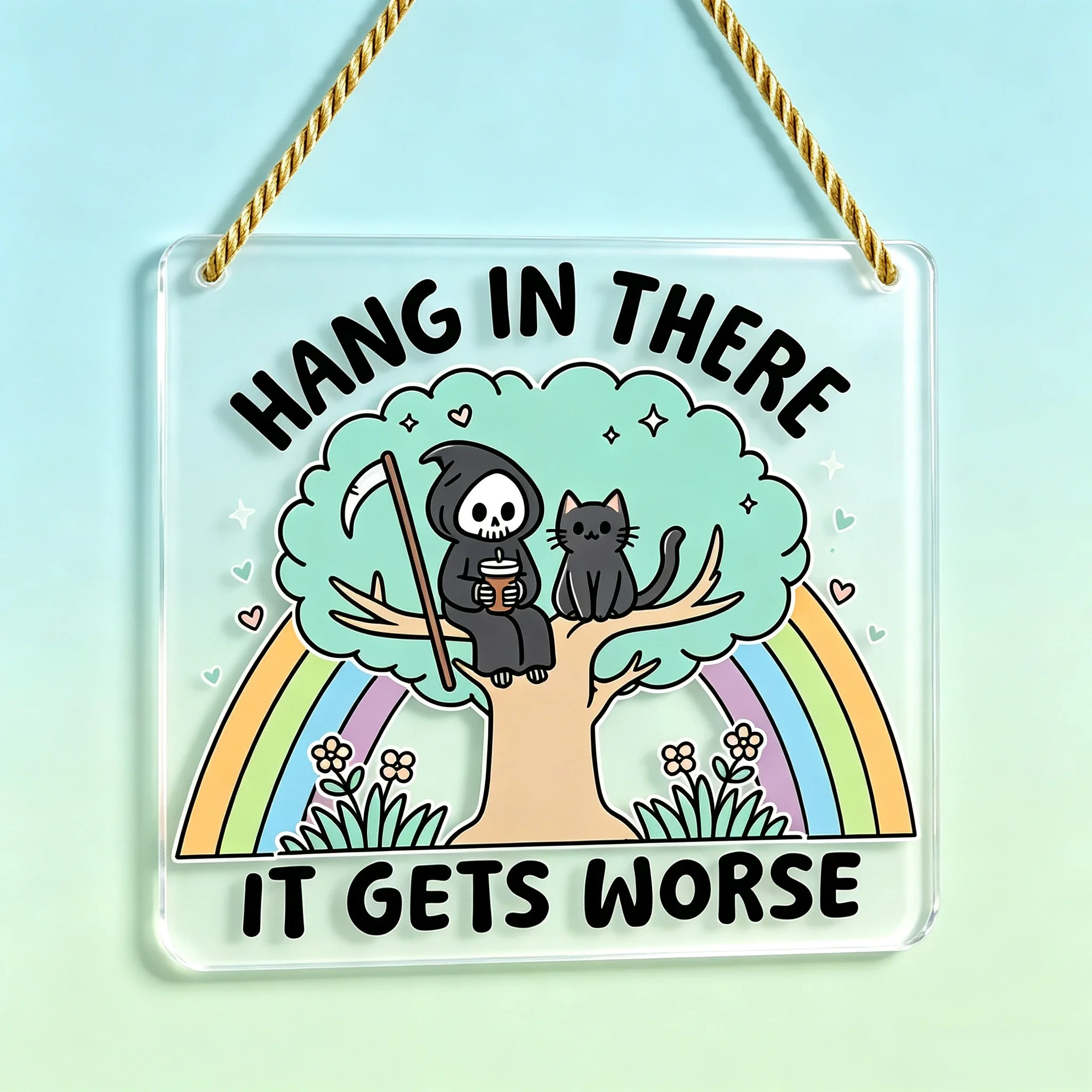 Snarky Reaper Cat Tree Rainbow Square Door Hanger, Humorous Meme Porch Plaque,Halloween Gift