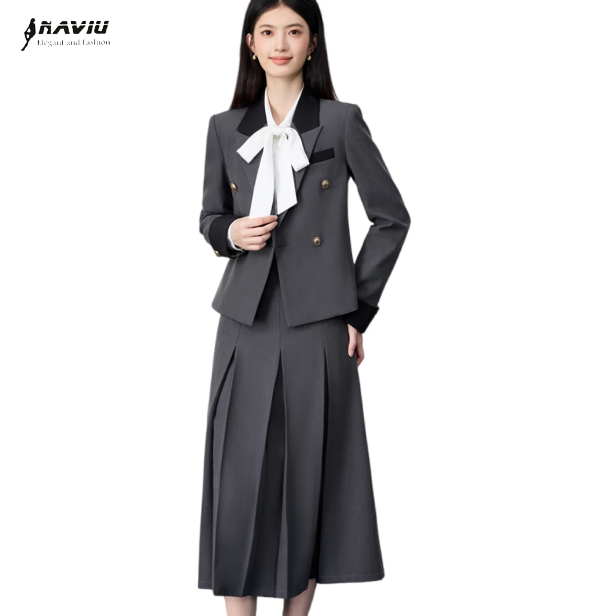 طقم بدلة نسائية أنيقة من NAVIU لخريف 2025 سترة جديدة احترافية مزدوجة الصدر بأكمام طويلة وتنورة ملابس عمل للسيدات في المكتب