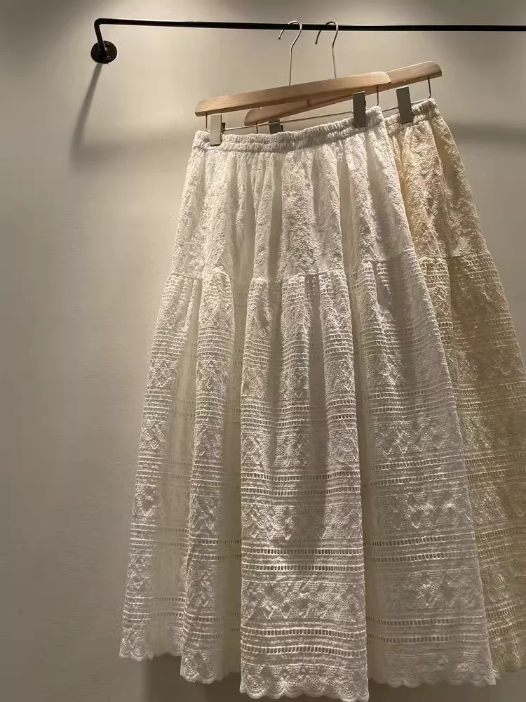 Mori Kei Lace Long Skirt Women Vintage Cute High Waist Loose Fairycore Lace Hollow Out A-Line Midi Skirt Mori Girl Clothing