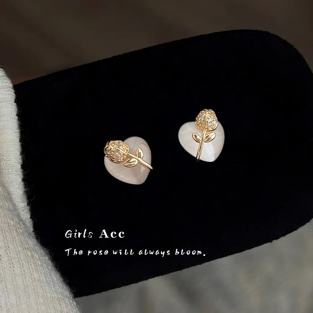

Wholesale 925 Silver Rose Flower Earrings Cubic Zirconia Glass Cat Eye Stone Heart Shape Korean Style Dainty Ear Studs Jewelry