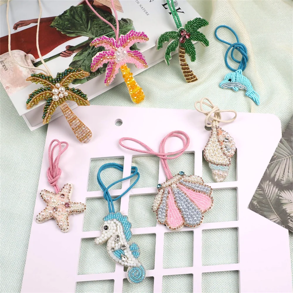 

Handmade Coconut Tree Applique Patch Pendant 3D Marine Life Beaded Keychain Palm Trees Starfish Crystal Bag Charm Jewelry