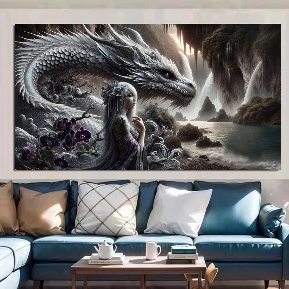 DIY  Vibrant Colors Dragon And Woman 5D Diamond Painting For adults beginners, Full Diamond Embroidery Mosaic Cross Stitch Kits