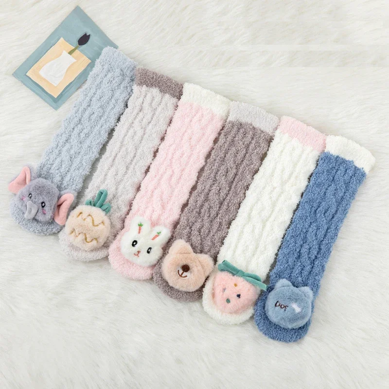 Baby Toddlers Knee High Fuzzy Coral Fleece Socks Cute Kids 3D Dolls Boys Girls Cartoon Bed Slipper Socks Winter Thick Warm Socks