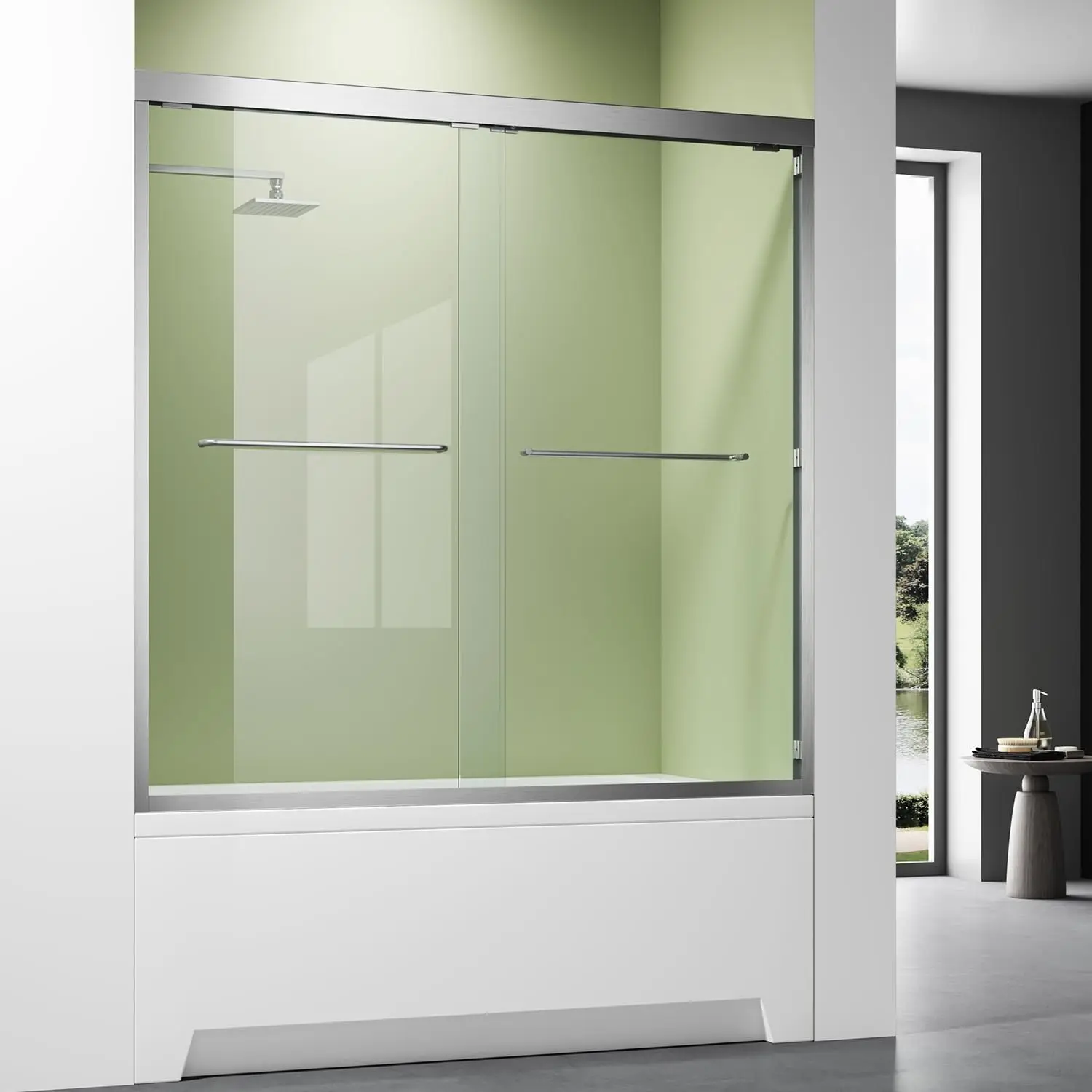 

Satin Nickel 56-60'' W x 62'' H Bypass Sliding Bathtub Glass Shower Doors,Semi-Frameless Tub Shower Doors with 1/4 in. Clear Tem