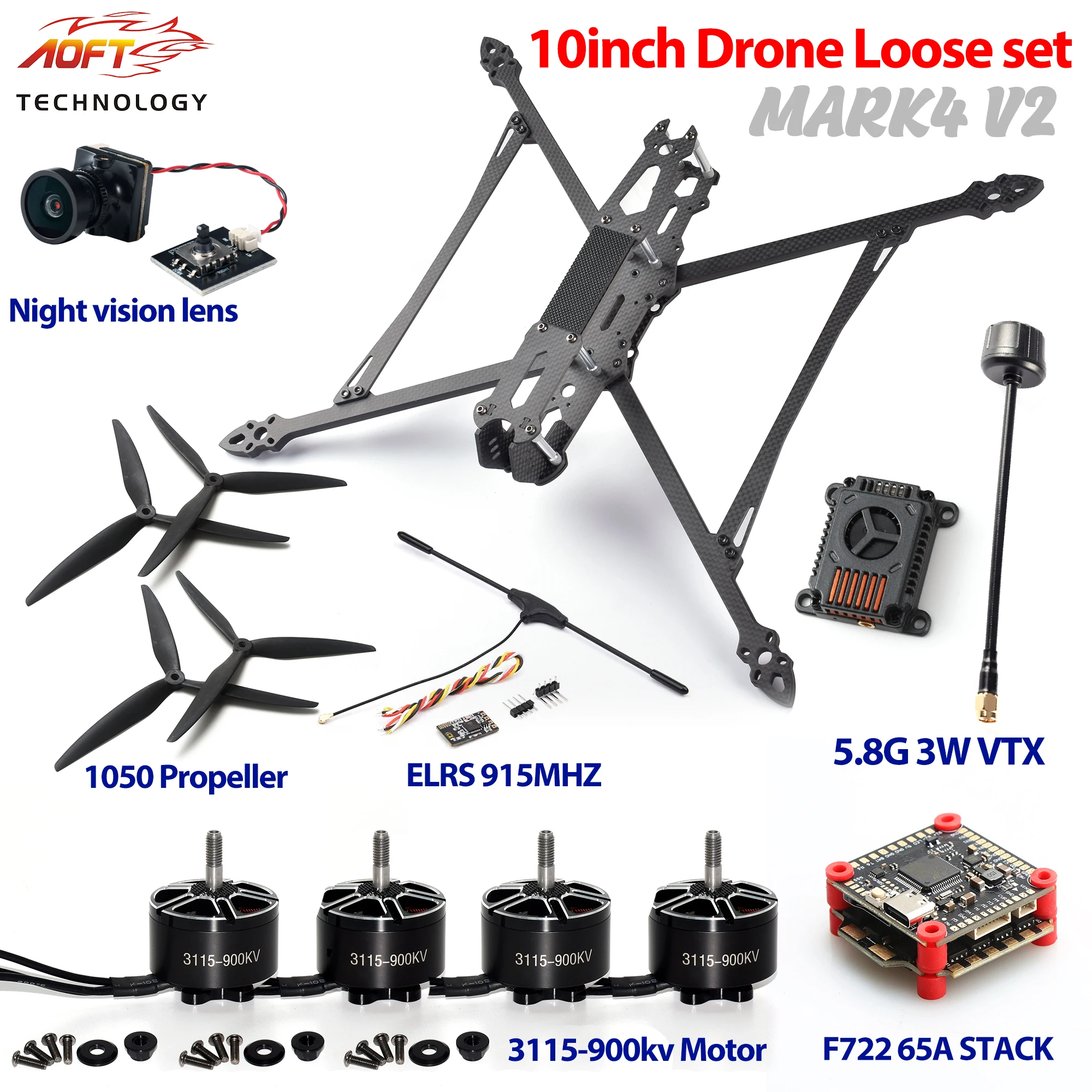 Mark4 Mark 4 V2 10inch DIY FPV Racing Freestyle Drone Frame Kit 3115 KV900 Brushless Motor F722 65A 1050 Propeller 5.8G 3W VTX