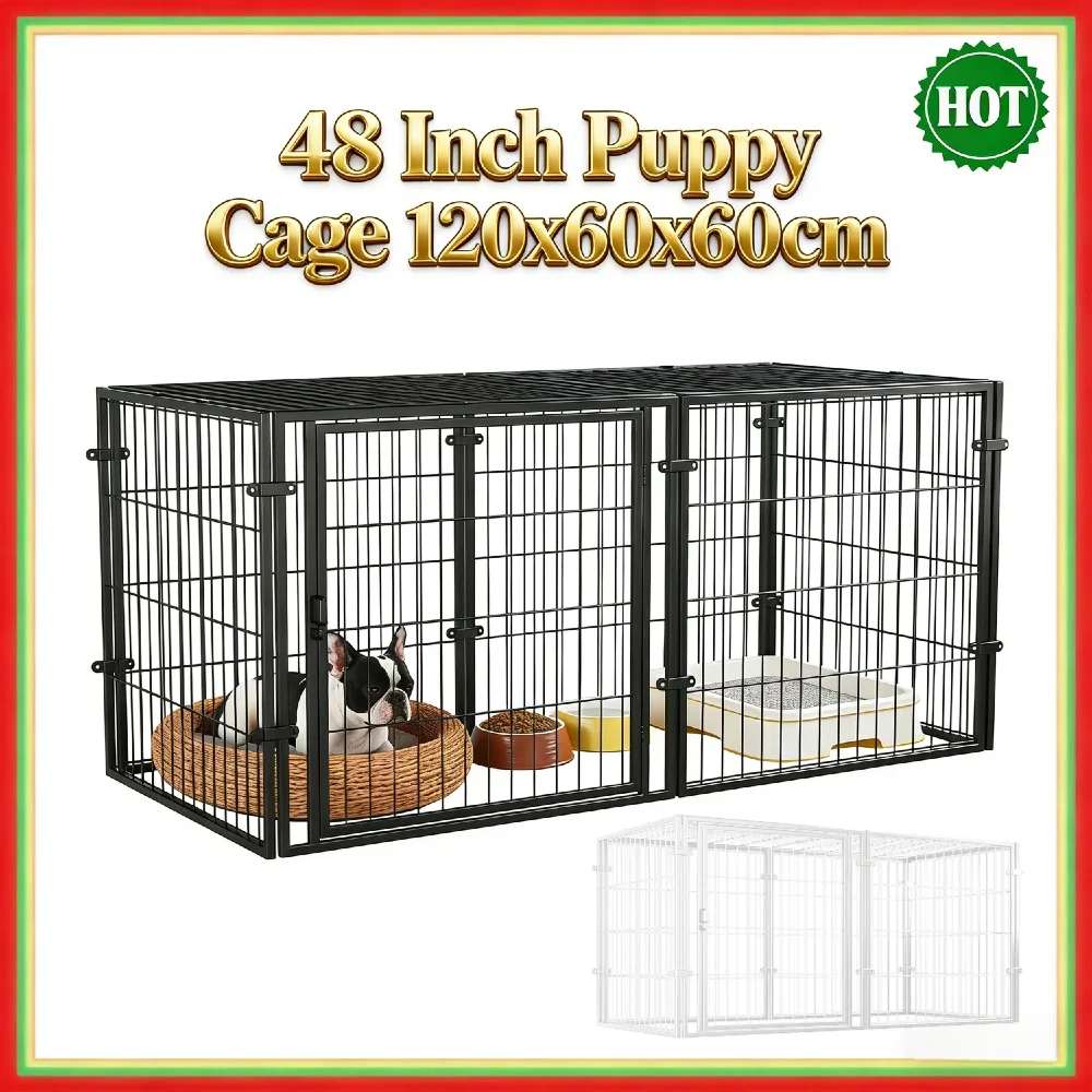 

Stackable 48 Inch Puppy Playpen Heavy Duty Metal Wire Dog Crate Anti-Escape Top Cover Foldable EVA Pad for Small Dog Rabbit Pig