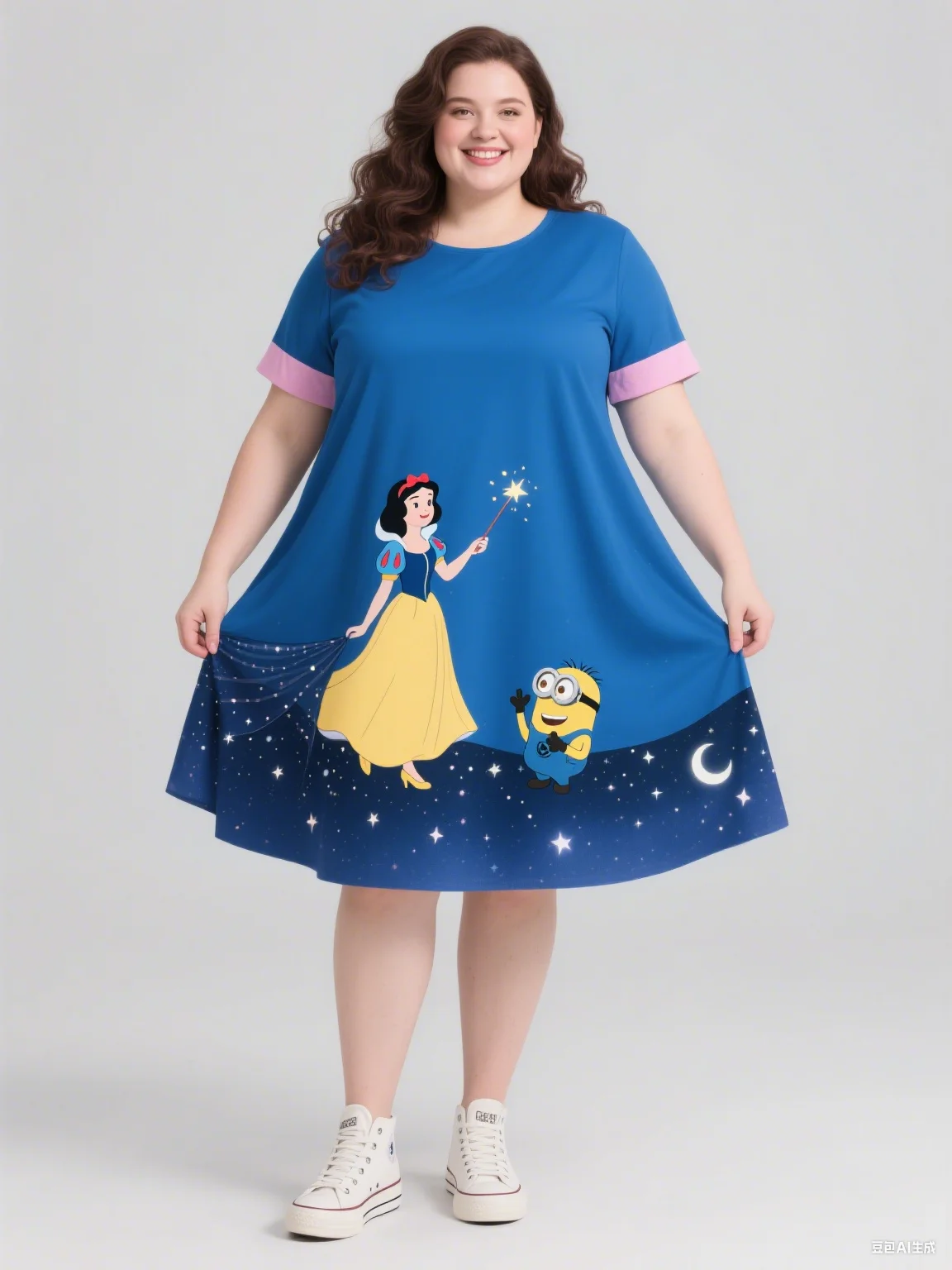 Sukienka damska plus size na jesień 2025 z nadrukiem Minionków i Królewny Śnieżki, bez rękawów, z okrągłym dekoltem, do modnego stylizacji.