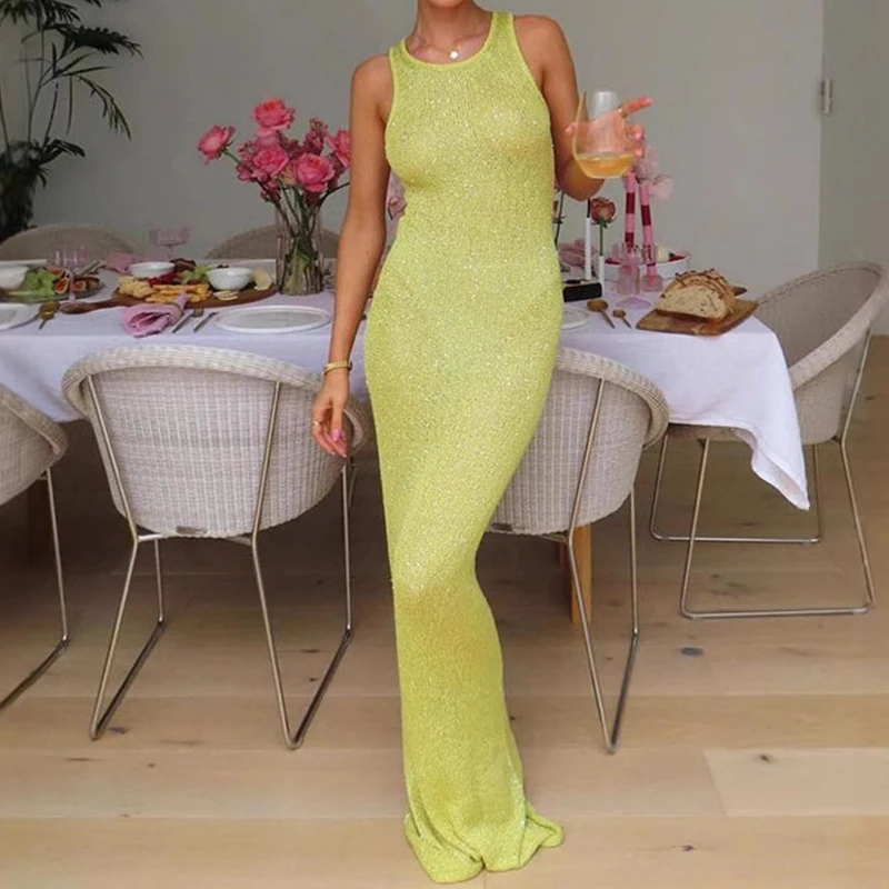 

Solid Knitted Slim Holiday Beach Dress Casual High Waist Wrap Hip Long Dress Sexy O Neck Hollow Out Sleeveless Vest Women Dress