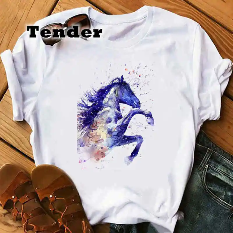 Camiseta de cavalo aquarela feminina, camiseta branca, estética gráfica, manga curta, streetwear grunge, moda feminina, verão, 2022