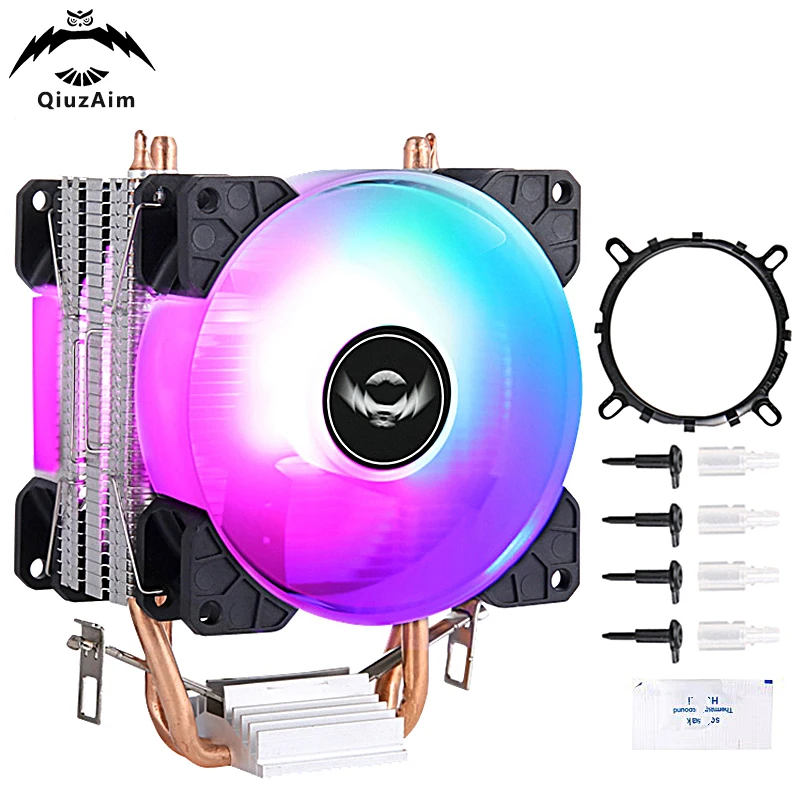 QiuzAim am4 Computer Processor 2 Heat Pipe CPU Cooling Fan Installing LGA775 115x 1200 1700 1356 1366 AM4 am5 LED Color Lights