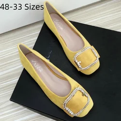 Women's Square Toe Flats Crystal Buckle Yellow Flock Spongy Driving Shoes Wide Fits Slip-On No Heels Plus Sizes 34 48 28cm Black