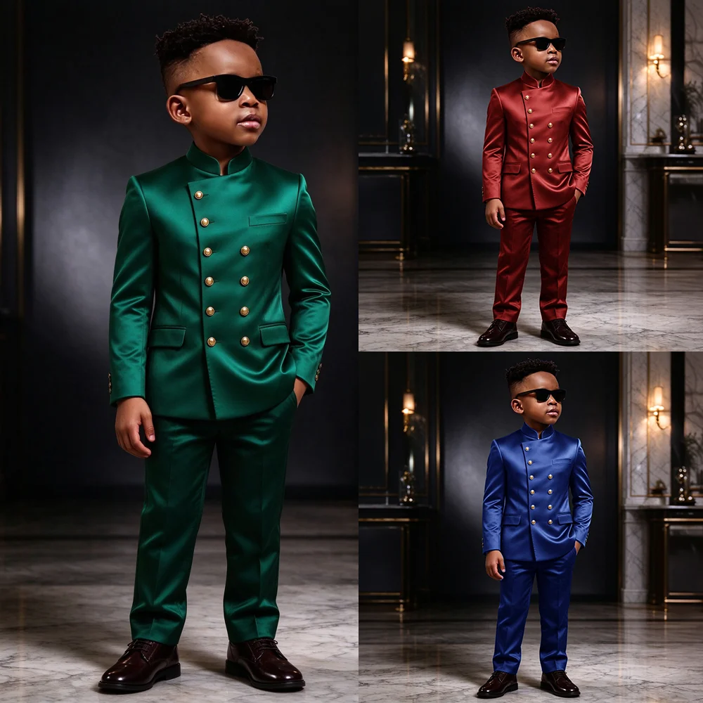 Green Suits for Boy 2 Piece Satin Sets Double Breasted Blazer Pants Tailored Wedding Party Travel Africa Traditional Clothes