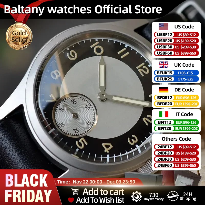 Baltany Tuxedo Retro Watch S2027 Quartz 36mm Sub Second Mini 1960s Popular Dress  Stainless Steel Lumin Leather Strap Watches