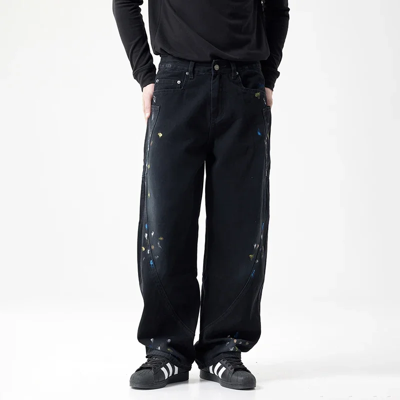 

New Men Streetwear Fashion Hip Hop Punk Wide Leg Black Pure Cotton Denim Splice Jeans Pants Cityboy Baggy Jeans Trousers