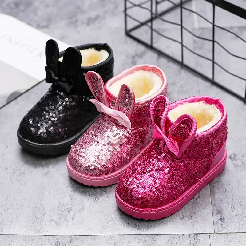 Girls Snow Boots Kids Ankle Boots Autumn Winter Fashion Princess Cute Rabbit Ear with Glitter Sequins Warm Thick Plush Cotton