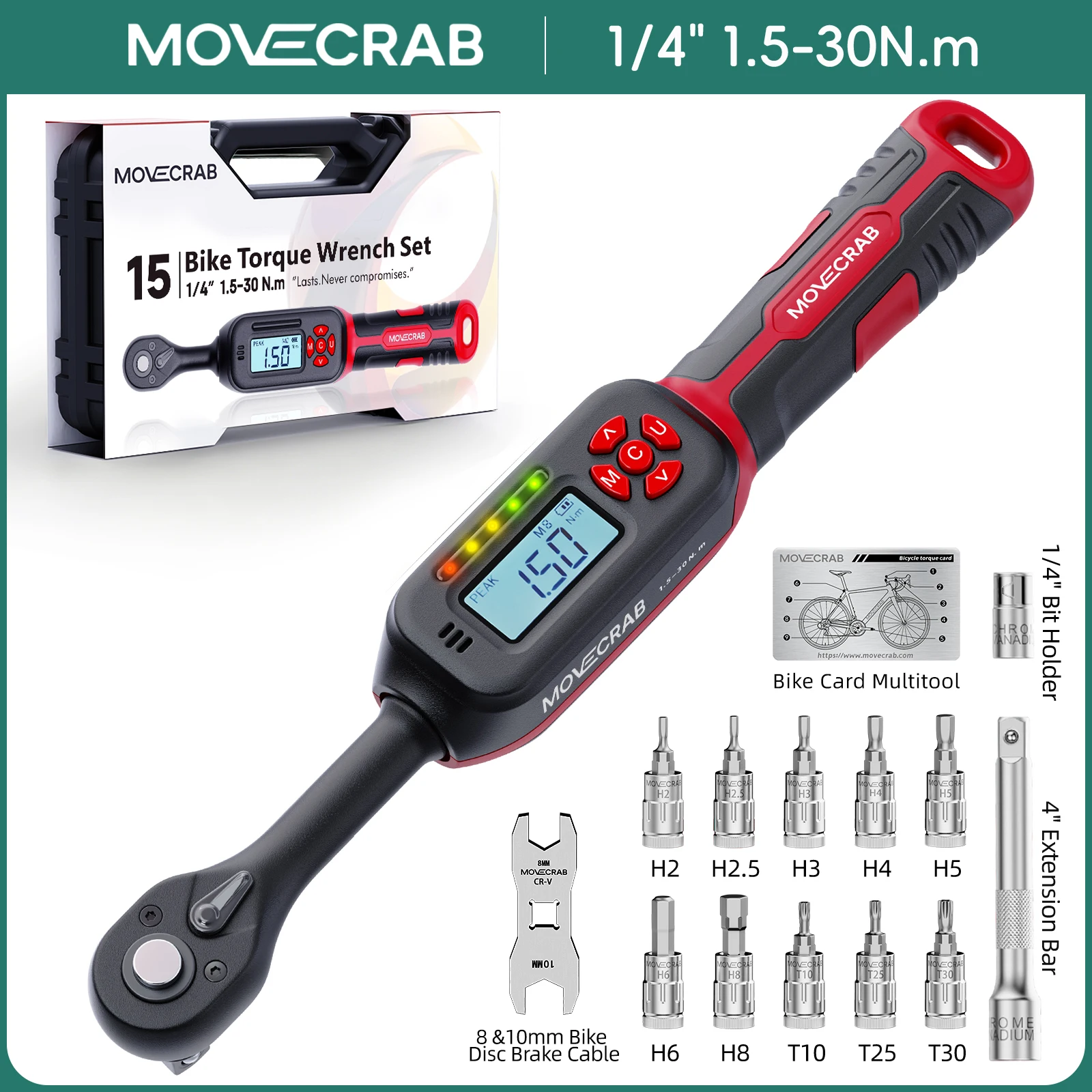 MOVECRAB Serie Digitale Momentsleutel 1,5-340N.m 2% Nauwkeurigheid Voorgeprogrammeerde Waarden met Zoemer, LED-flits & Trillingsmelding op de handgreep