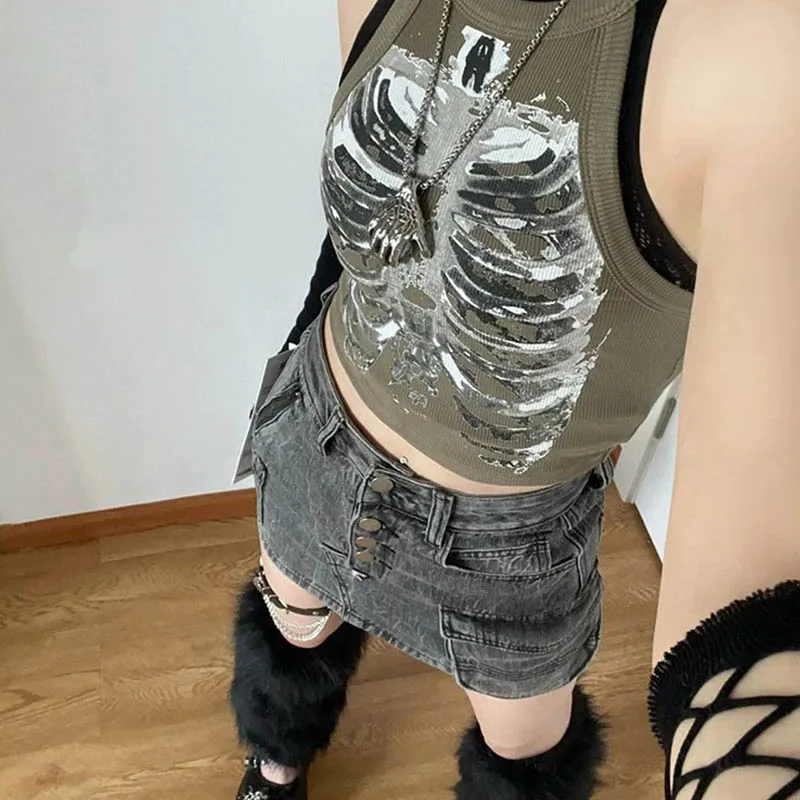 Punk Aesthetic Cyber Retro X-ray Skeleton Print Rib Sleeveless Vest ArmyGreen Crop Top Designer Clothes Women 2024 Summer Emo