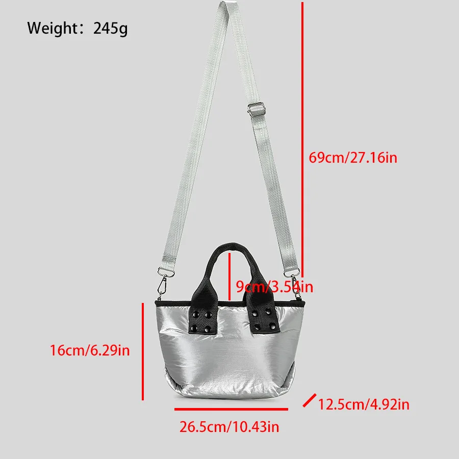 Fashion Small Puffer Tote Bag Silver Padded Women Handbags Lightweight Nylon Wide Strap Shoulder Crossbody Bags 2024 New