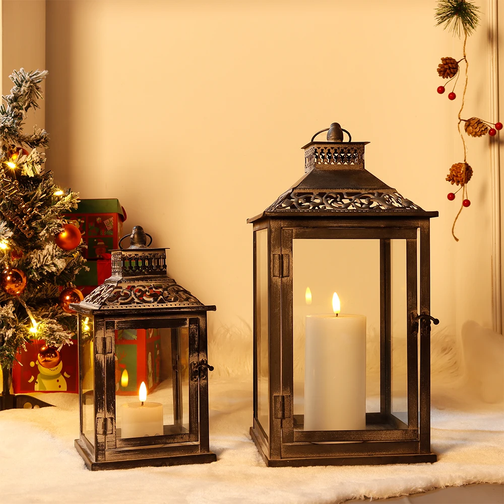 Set of Two Antique Grey Metal Vintage Square Style Hanging Candle Lantern Metal Candle Holder for Home Wedding Decor view 5