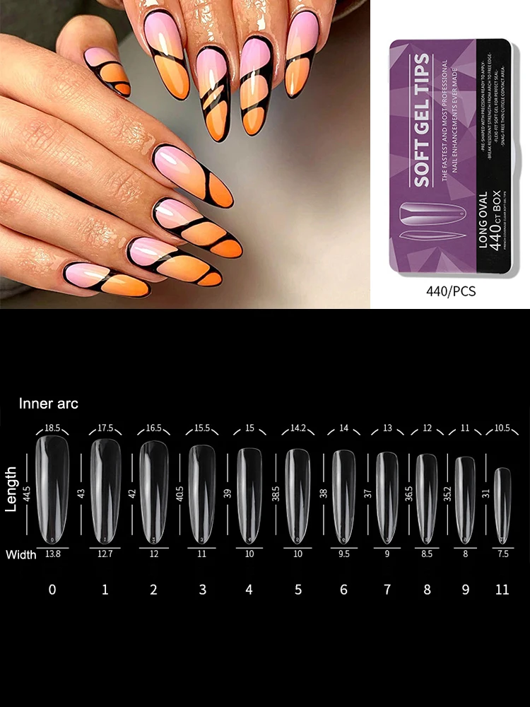 440/550 pièces clair acrylique longs faux ongles Capsules amande cercueil français pleine demi-couverture faux ongles artificiels ongles doux Gel conseils
