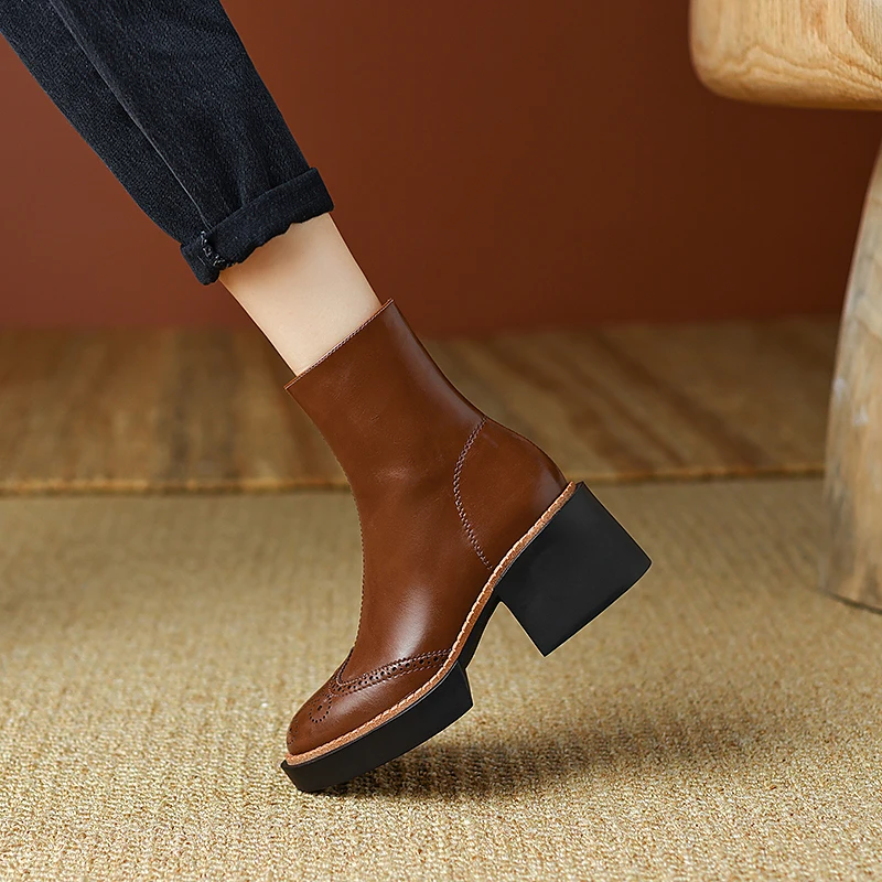 2022 New Retro Mature Female Concise Women Ankle Boots Split Leather Thick Heels Autumn Winter Side Zipper Office Shoes Woman