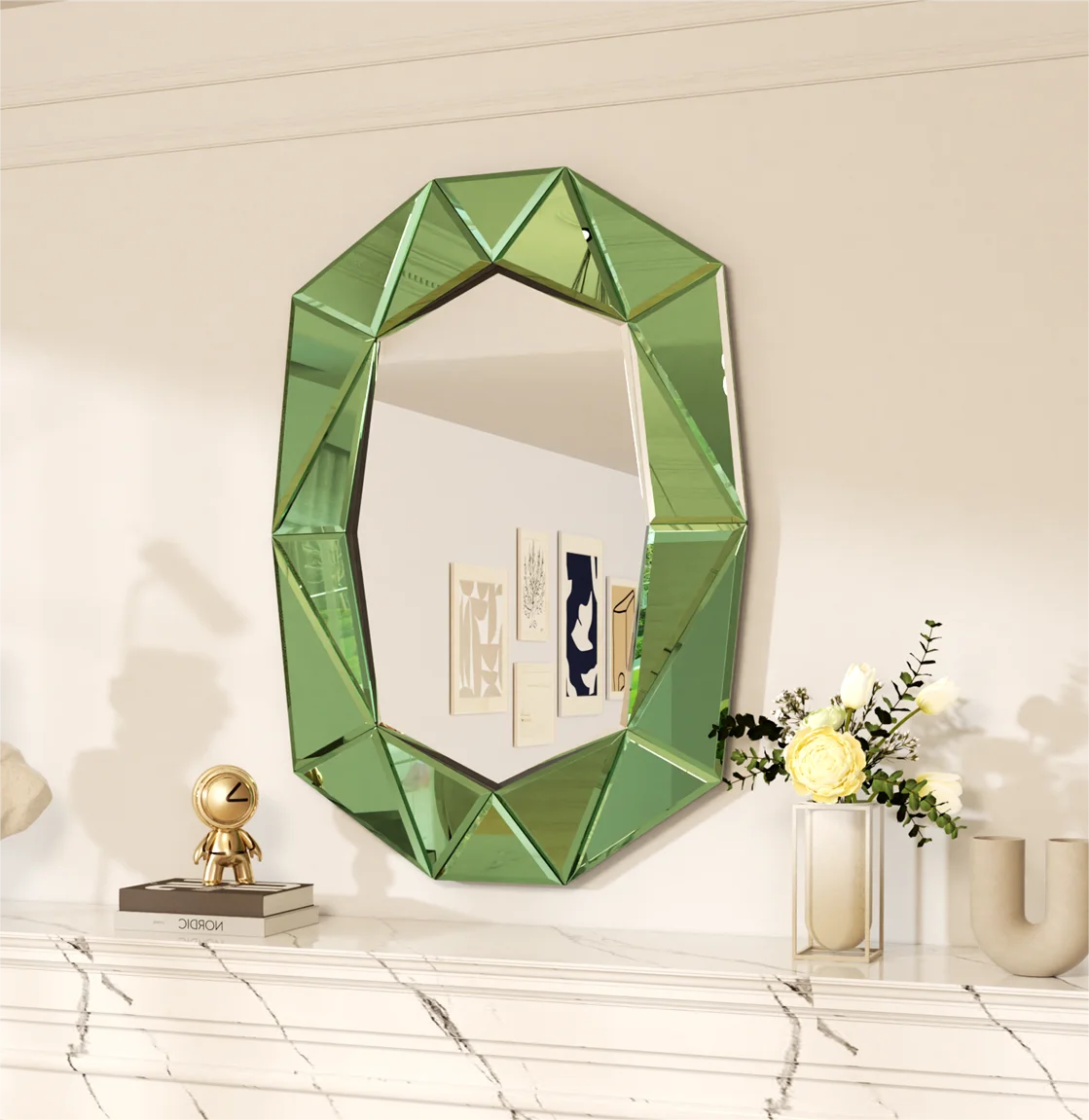 40 Inch Asymmetrical Decorative Wall Mirror Glass Inlayed Accent Vanetian Mirror for Living Room Bedroom