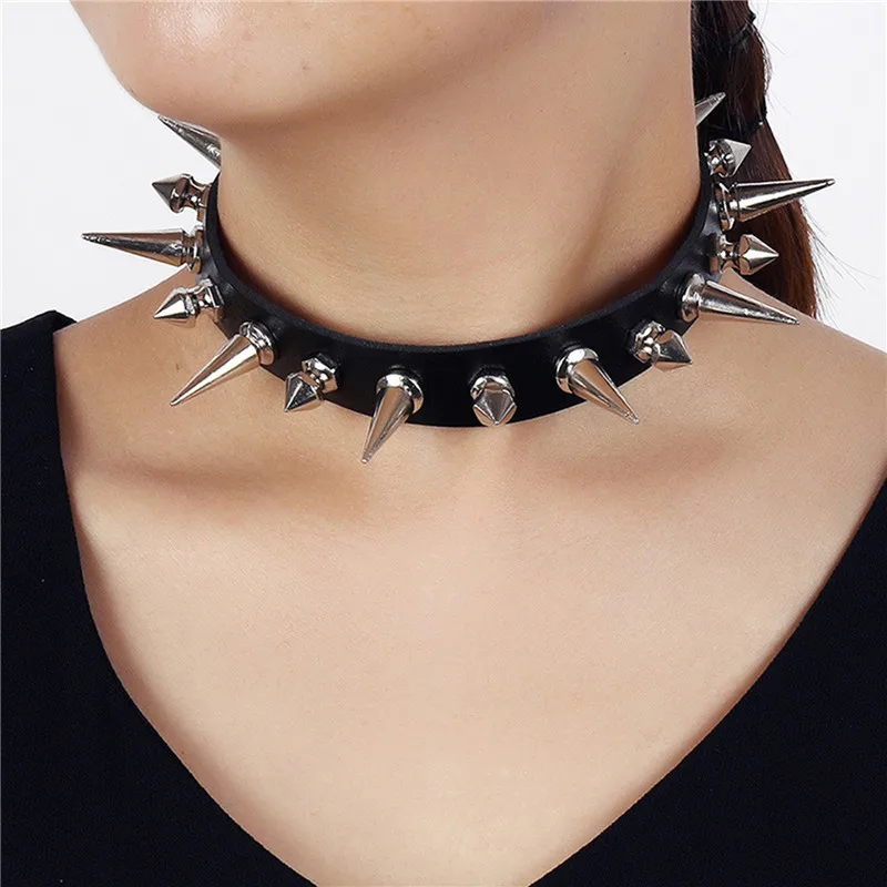 Punk Long Spike Choker Faux Leather Collar for Women Men Cool Big Rivets Studded Chocker Goth Style Necklace Accessories