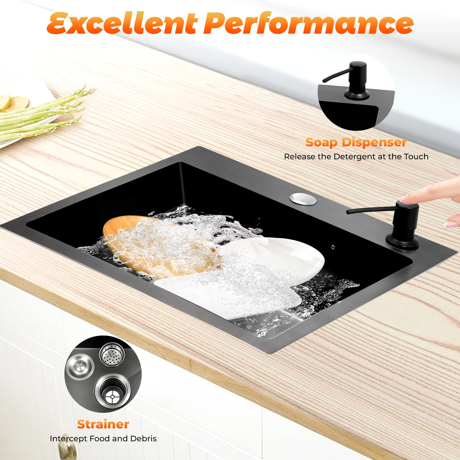 حوض مطبخ أسود من الفولاذ المقاوم للصدأ مقاس 45 × 40 × 20 سم مع موزع صابون للمطابخ والحمامات وغرف الغسيل