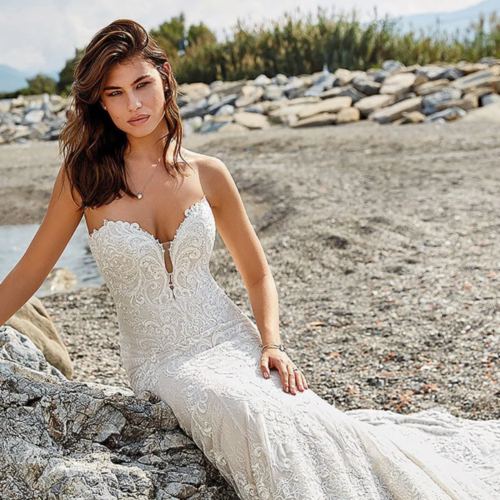 Vestidos De Novia De lujo personalizados con cuello en forma De corazón, Vestido De Novia bohemio De encaje con sirena, vestidos De cola sin espalda, nuevo Vestido De Novia